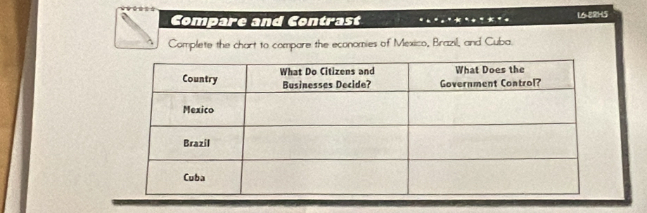 Compare and Contrast 16-8RH5 
Complete the chart to compare the economies of Mexico, Brazil, and Cuba.