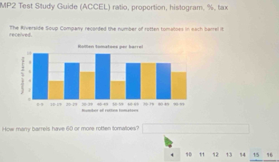 MP2 Test Study Guide (ACCEL) ratio, proportion, histogram, %, tax
received. The Riverside Soup Company recorded the number of rotten tomatoes in each barrel it
How many barrels have 60 or more rotten tomatoes?
4 10 11 12 13 14 15 16