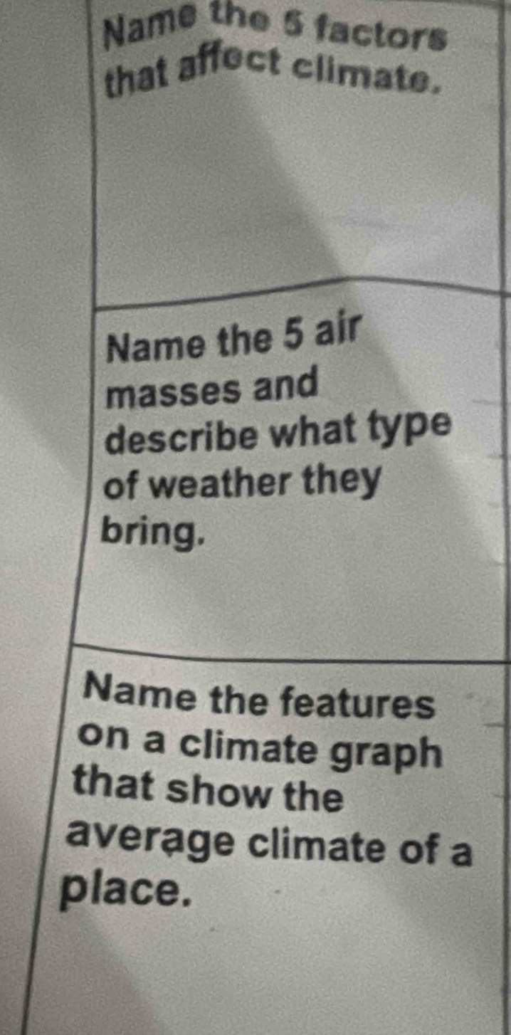 Name the 5 factors
a