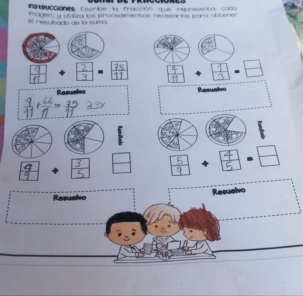 Instrucciones: Escribe la fracción que representa cada 
imagen; y utiliza los procedimientos necesarios para obtener 
el resultado de la suma. 
^circ  ÷ . 175
| 11° 
Resuelvo 
Resuelvo
33x
÷ = □ /□  
a 
.  □ /□   
Resuelvo 
Resuelvo