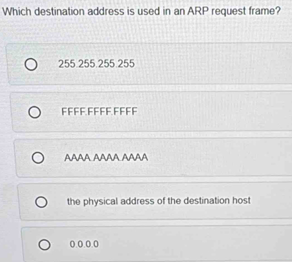 Solved: Which destination address is used in an ARP request frame? 255 ...