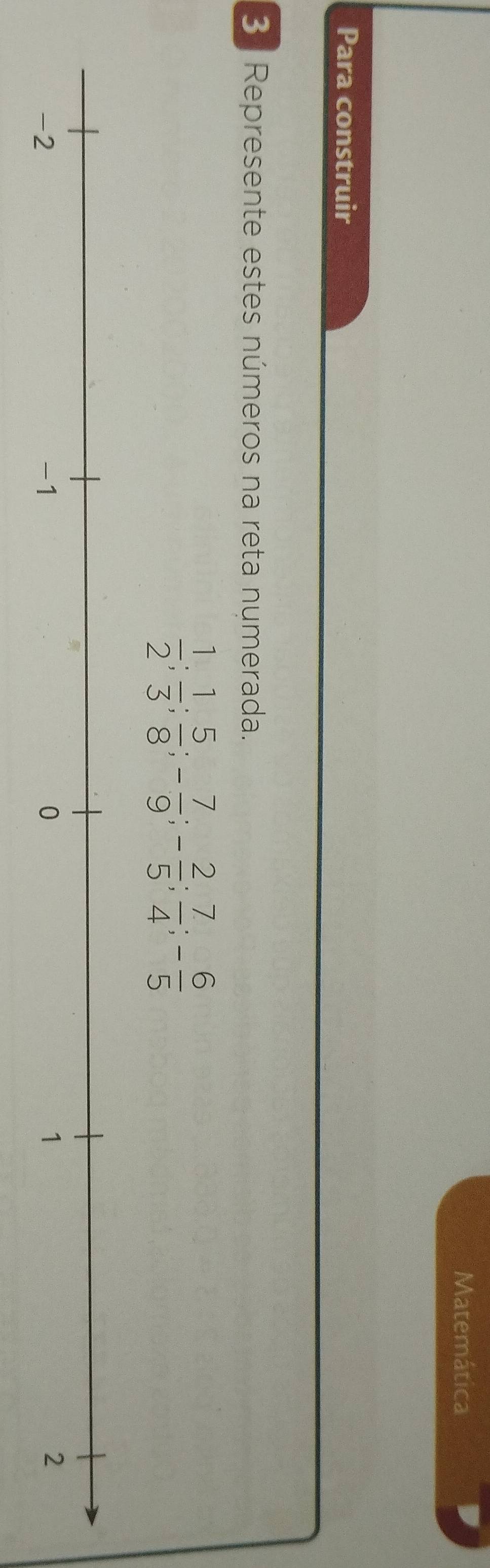 Matemática 
Para construir 
3 . Represente estes números na reta numerada.
 1/2 ;  1/3 ;  5/8 ; - 7/9 ; - 2/5 ;  7/4 ; - 6/5 