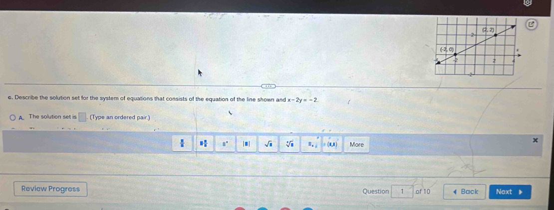 Describe the solution set for the system of equations that consists of the equation of the line shown and x-2y=-2.
A. The solution set is □ (Type an ordered pair.)
 □ /□   □  □ /□   B° |□ | sqrt(□ ) sqrt[□](□ ) □ . More
Review Progress Question 1 of 10 4 Back Next