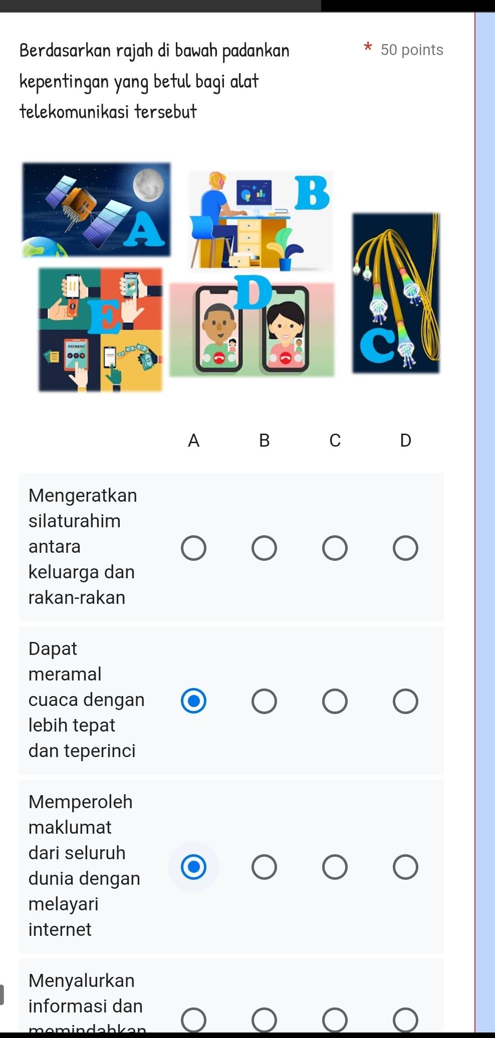 Berdasarkan rajah di bawah padankan 50 points 
kepentingan yang betul bagi alat 
telekomunikasi tersebut 
A B C D 
Mengeratkan 
silaturahim 
antara 
keluarga dan 
rakan-rakan 
Dapat 
meramal 
cuaca dengan 
lebih tepat 
dan teperinci 
Memperoleh 
maklumat 
dari seluruh 
dunia dengan 
melayari 
internet 
Menyalurkan 
informasi dan