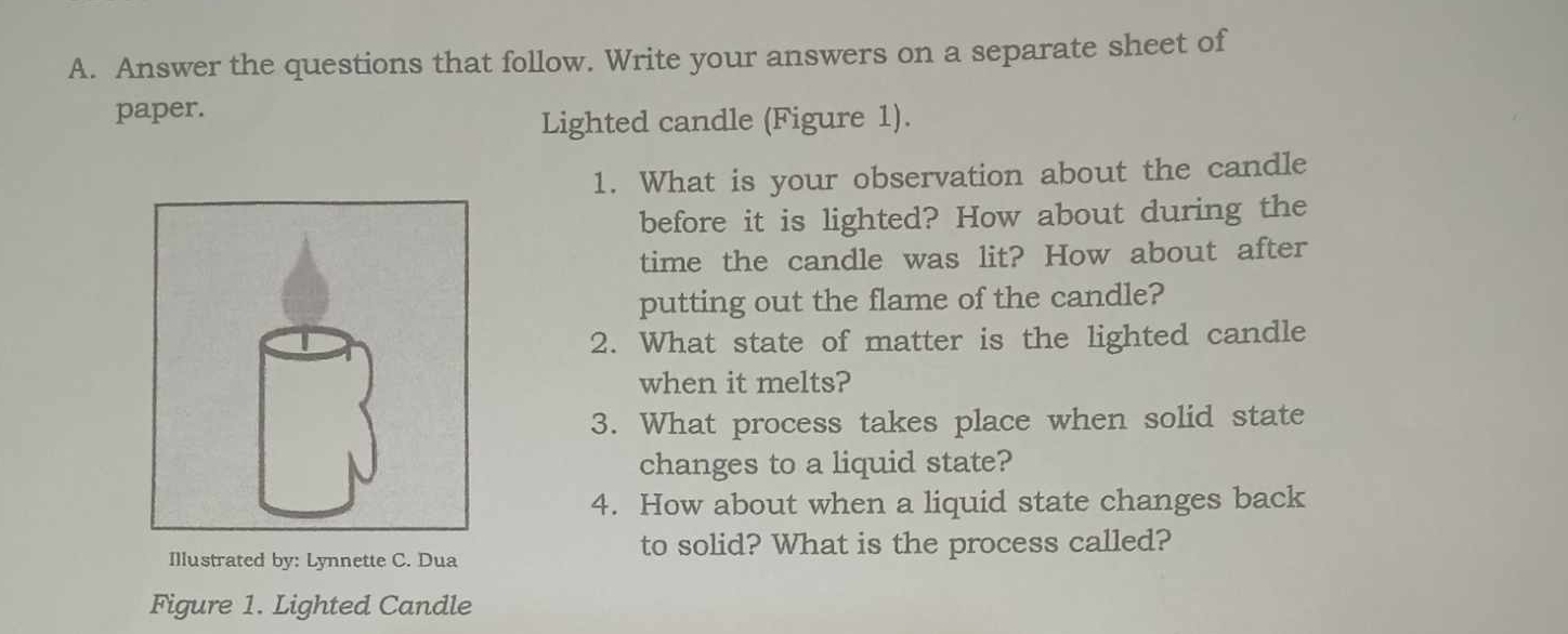 Answer the questions that follow. Write your answers on a separate sheet of 
paper. 
Lighted candle (Figure 1). 
1. What is your observation about the candle 
before it is lighted? How about during the 
time the candle was lit? How about after 
putting out the flame of the candle? 
2. What state of matter is the lighted candle 
when it melts? 
3. What process takes place when solid state 
changes to a liquid state? 
4. How about when a liquid state changes back 
Illustrated by: Lynnette C. Dua 
to solid? What is the process called? 
Figure 1. Lighted Candle