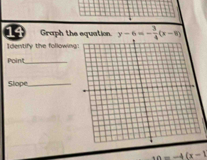 Graph the equation. y-6=- 3/4 (x-8)
Identify the following 
Point_ 
Slope_
=-4(x-1