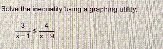 Solve the inequality using a graphing utility.
 3/x+1 ≤  4/x+9 