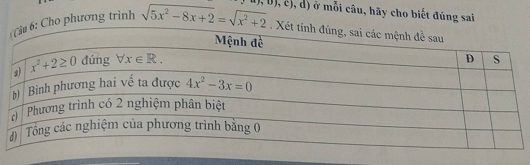 ở mỗi câu, hãy cho biết đúng sai
Cho phương trình
sqrt(5x^2-8x+2)=sqrt(x^2+2)