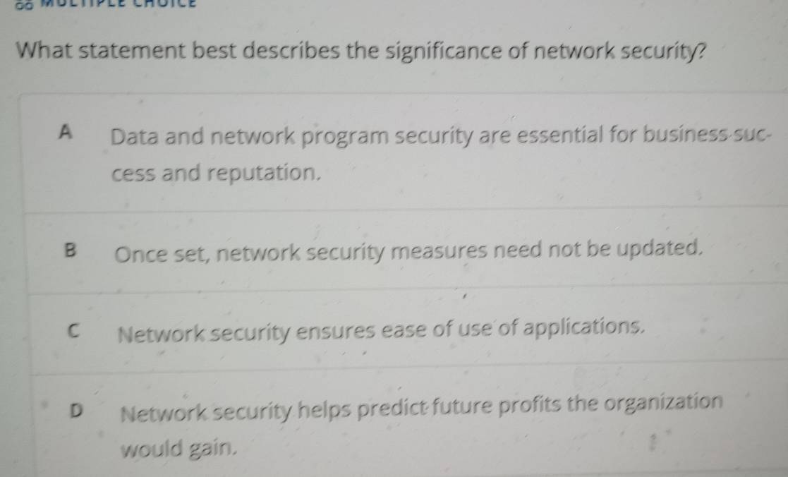 What statement best describes the significance of network security?
A Data and network program security are essential for business suc-
cess and reputation.
B Once set, network security measures need not be updated.
C Network security ensures ease of use of applications.
D Network security helps predict future profits the organization
would gain.