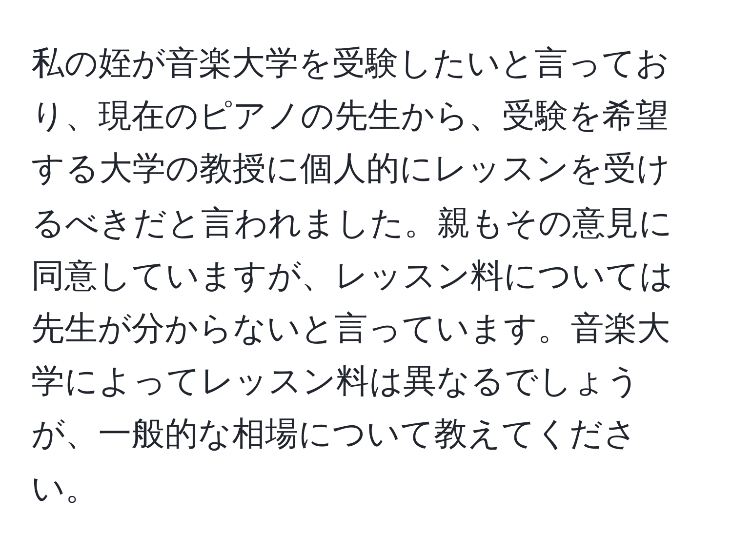 私の姪が音楽大学を受験したいと言っており、現在のピアノの先生から、受験を希望する大学の教授に個人的にレッスンを受けるべきだと言われました。親もその意見に同意していますが、レッスン料については先生が分からないと言っています。音楽大学によってレッスン料は異なるでしょうが、一般的な相場について教えてください。