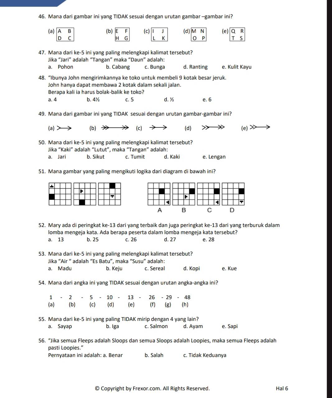 Mana dari gambar ini yang TIDAK sesuai dengan urutan gambar -gambar ini?
(a) A B 6 (b) beginarrayr EF HGendarray (c) beginarrayr 1J LKendarray beginarrayr J (d) MN (e) beginarrayr QR TSendarray
D C
OP
47. Mana dari ke-5 ini yang paling melengkapi kalimat tersebut?
Jika “Jari” adalah “Tangan” maka “Daun” adalah:
a. Pohon b. Cabang c. Bunga d. Ranting e. Kulit Kayu
48. “Ibunya John mengirimkannya ke toko untuk membeli 9 kotak besar jeruk.
John hanya dapat membawa 2 kotak dalam sekali jalan.
Berapa kali ia harus bolak-balik ke toko?
a. 4 b. 4½ c. 5 d. ½ e. 6
49. Mana dari gambar ini yang TIDAK sesuai dengan urutan gambar-gambar ini?
(a) (b) (c) (d) (e)
50. Mana dari ke-5 ini yang paling melengkapi kalimat tersebut?
Jika “Kaki” adalah “Lutut”, maka “Tangan” adalah:
a. Jari b. Sikut c. Tumit d. Kaki e. Lengan
51. Mana gambar yang paling mengikuti logika dari diagram di bawah ini?
52. Mary ada di peringkat ke-13 dari yang terbaik dan juga peringkat ke-13 dari yang terburuk dalam
lomba mengeja kata. Ada berapa peserta dalam lomba mengeja kata tersebut?
a. 13 b. 25 c. 26 d. 27 e. 28
53. Mana dari ke-5 ini yang paling melengkapi kalimat tersebut?
Jika “Air “ adalah “Es Batu”, maka “Susu” adalah:
a. Madu b. Keju c. Sereal d. Kopi e. Kue
54. Mana dari angka ini yang TIDAK sesuai dengan urutan angka-angka ini?
1  - 2 - 5 - 10 13 26 - 29 - 48
(a) (b) (c) (d) (e) (f) (g) (h)
55. Mana dari ke-5 ini yang paling TIDAK mirip dengan 4 yang lain?
a. Sayap b. Iga c. Salmon d. Ayam e. Sapi
56. “Jika semua Fleeps adalah Sloops dan semua Sloops adalah Loopies, maka semua Fleeps adalah
pasti Loopies.”
Pernyataan ini adalah: a. Benar b. Salah c. Tidak Keduanya
© Copyright by Frexor.com. All Rights Reserved. Hal 6