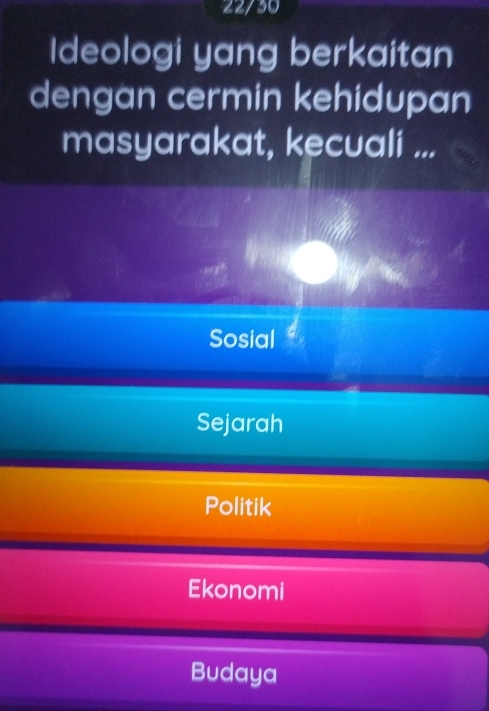 22/30
Ideologi yang berkaitan
dengan cermin kehidupan
masyarakat, kecuali ...
Sosial
Sejarah
Politik
Ekonomi
Budaya