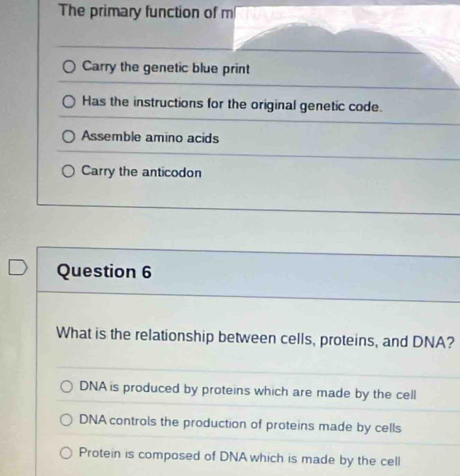 The primary function of m
Carry the genetic blue print
Has the instructions for the original genetic code.
Assemble amino acids
Carry the anticodon
Question 6
What is the relationship between cells, proteins, and DNA?
DNA is produced by proteins which are made by the cell
DNA controls the production of proteins made by cells
Protein is composed of DNA which is made by the cell