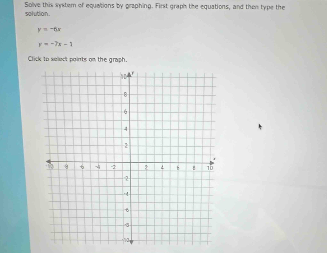 Solve this system of equations by graphing. First graph the equations, and then type the
solution.
y=-6x
y=-7x-1
Click to select points on the graph.