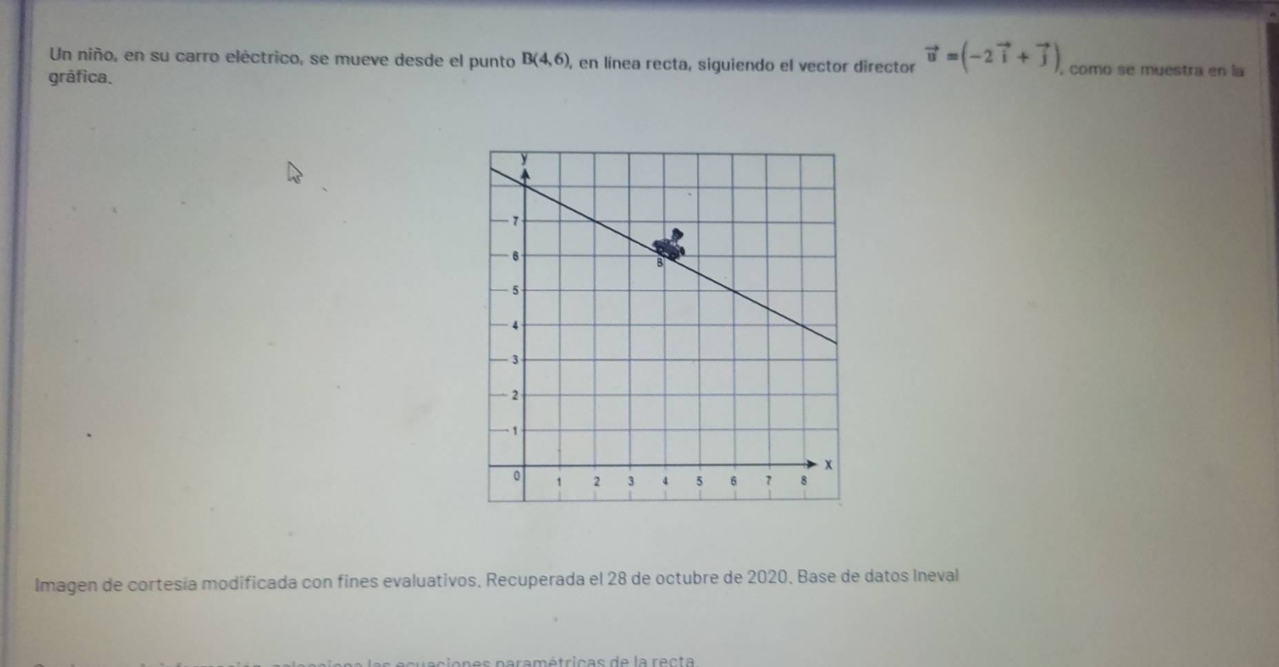 Un niño, en su carro eléctrico, se mueve desde el punto B(4,6) , en línea recta, siguiendo el vector director vector u=(-2vector i+vector j). como se muestra en la 
gráfica. 
Imagen de cortesía modificada con fines evaluativos, Recuperada el 28 de octubre de 2020, Base de datos Ineval 
son es paramétricas de la recta