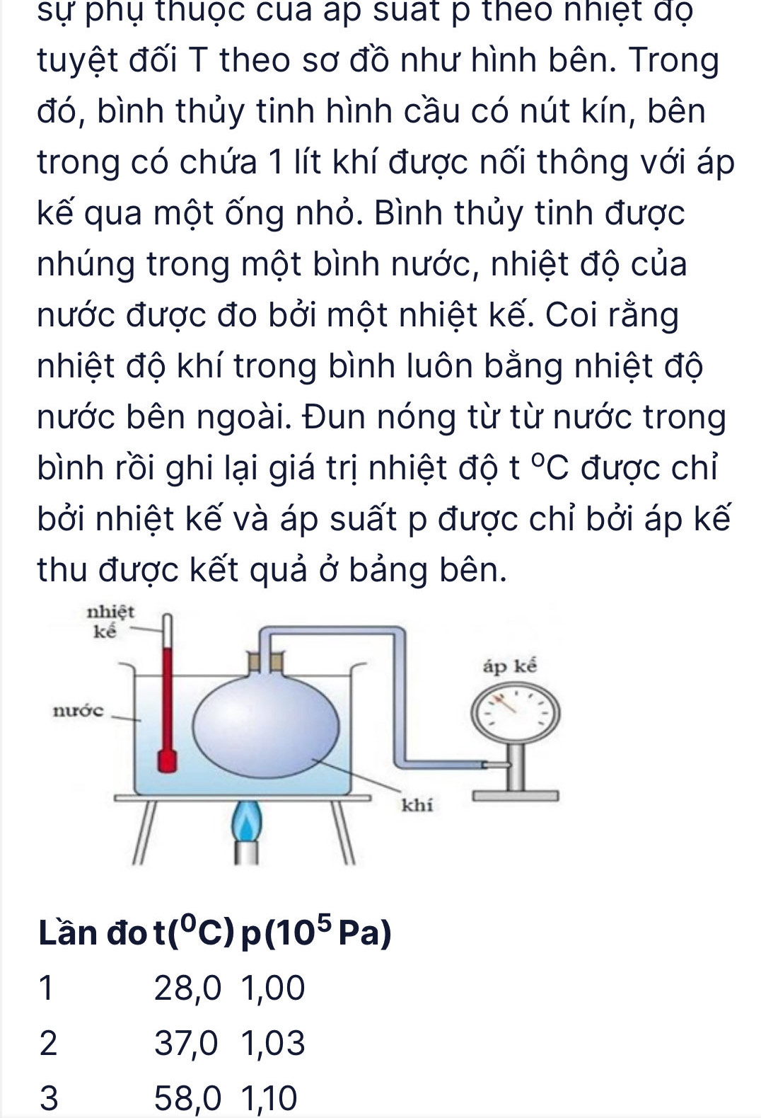 sự phụ thuộc cua áp suất p theo nhiệt đọ
tuyệt đối T theo sơ đồ như hình bên. Trong
đó, bình thủy tinh hình cầu có nút kín, bên
trong có chứa 1 lít khí được nối thông với áp
kế qua một ống nhỏ. Bình thủy tinh được
nhúng trong một bình nước, nhiệt độ của
nước được đo bởi một nhiệt kế. Coi rằng
nhiệt độ khí trong bình luôn bằng nhiệt độ
nước bên ngoài. Đun nóng từ từ nước trong
bình rồi ghi lại giá trị nhiệt độ t°C được chỉ
bởi nhiệt kế và áp suất p được chỉ bởi áp kế
thu được kết quả ở bảng bên.
Lần đo t(^0C)p(10^5Pa)
1 28,0 1,00
2 37, 0 1,03
3 58, 0 1, 10