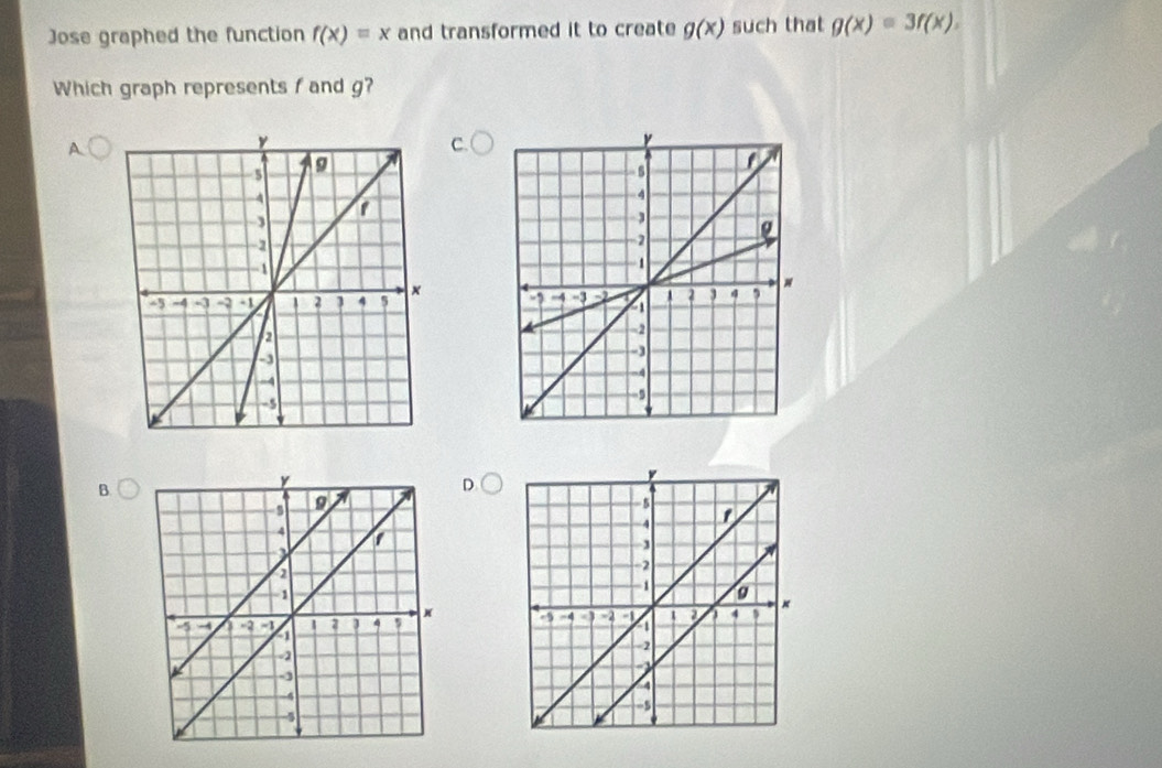 Jose graphed the function f(x)=x and transformed it to create g(x) such that g(x)=3f(x). 
Which graph represents f and g? 
A 
C. 

B.