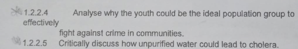 Analyse why the youth could be the ideal population group to 
effectively 
fight against crime in communities. 
1.2.2.5 Critically discuss how unpurified water could lead to cholera.