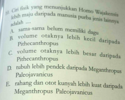 Ciri fisik yang menunjukkan Homo Wajakensis
lebih maju daripada manusia purba jenis lainnya
adalah ....
A. sama~sama belum memiliki dagu
B. volume otaknya lebih kecil daripada
Pithecanthropus
C. volume otaknya lebih besar daripada
Pithecanthropus
D. tubuh lebih pendek daripada Meganthropus
Paleojavanicus
E. rahang dan otot kunyah lebih kuat daripada
Meganthropus Paleojavanicus