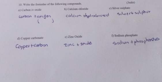 Write the formulae of the following compounds. (3mks) 
a) Carbon iv oxide b) Calcium chloride c) Silver sulphate 
d) Copper carbonate e) Zinc Oxide f) Sodium phosphate