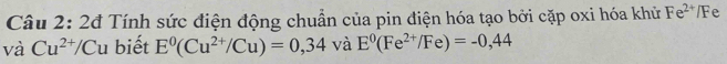 2đ Tính sức điện động chuẩn của pin điện hóa tạo bởi cặp oxi hóa khử Fe^(2+)/F e 
và Cu^(2+)/Cu biết E^0(Cu^(2+)/Cu)=0,34v aE^0(Fe^(2+)/Fe)=-0,44