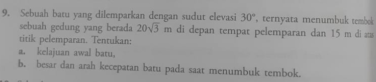 Sebuah batu yang dilemparkan dengan sudut elevasi 30° , ternyata menumbuk tembok 
sebuah gedung yang berada 20sqrt(3)m di depan tempat pelemparan dan 15 m di atas 
titik pelemparan. Tentukan: 
a. kelajuan awal batu, 
b. besar dan arah kecepatan batu pada saat menumbuk tembok.