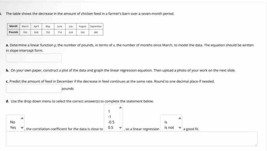 The table shows the decrease in the amount of chicken feed in a farmer's barn over a seven-month period.
a. Determine a linear function y, the number of pounds, in terms of x, the number of months since March, to model the data. The equation should be written
in slope-intercept form.
b. On your own paper, construct a plot of the data and graph the linear regression equation. Then upload a photo of your work on the next slide.
c, Predict the amount of feed in December if the decrease in feed continues at the same rate. Round to one decimal place if needed,
pounds
d. Use the drop down menu to select the correct answer(s) to complete the statement below.
1
-1
No -0.5 is
Yes , the correlation coefficient for the data is close to 0.5 , so a linear regression is not a good fit.