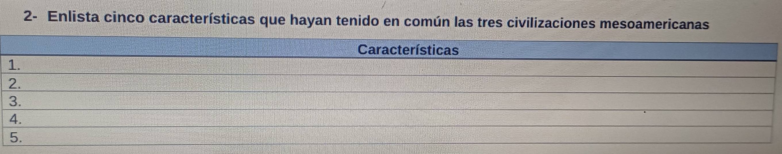 2- Enlista cinco características que hayan tenido en común las tres civilizaciones mesoamericanas