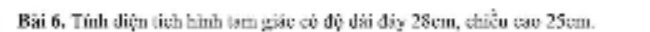 Bài 6, Tính diện tích hình tam giác có độ dài đây 28cm, chiều cao 25cm.