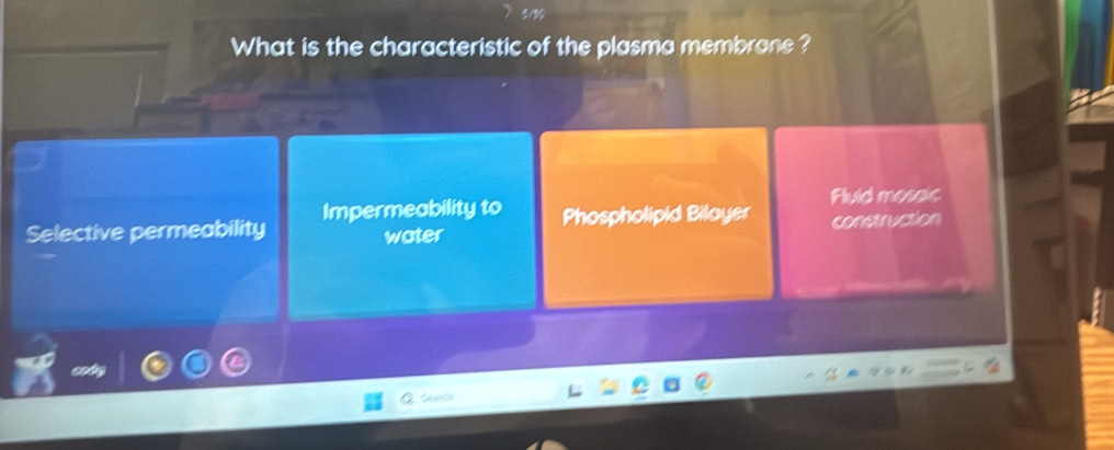 What is the characteristic of the plasma membrane ?
Fluld mossic
Selective permeability Impermeability to Phospholipid Bilayer construction
water