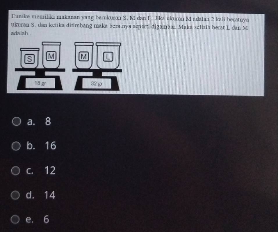 Eunike memiliki makanan yang berukuran S, M dan L. Jika ukuran M adalah 2 kali beratnya
ukuran S. dan ketika ditimbang maka beratnya seperti digambar. Maka selisih berat L dan M
adalah .
a. 8
b. 16
c. 12
d. 14
e. 6