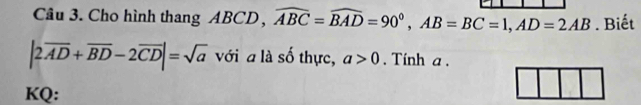 Cho hình thang ABCD , widehat ABC=widehat BAD=90°, AB=BC=1, AD=2AB. Biết
|2overline AD+overline BD-2overline CD|=sqrt(a) với a là số thực, a>0. Tính a. 
KQ: