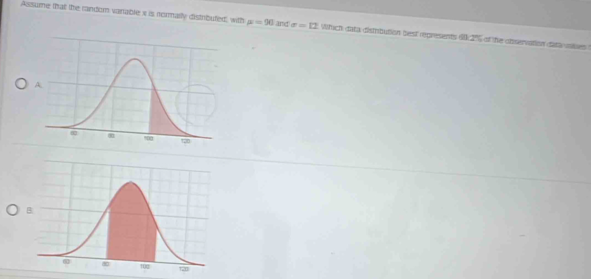 Assume that the random vanable x is normally distributed, with mu =90 and sigma =12 Which data distrbution best represents 60129% of the cbservation date values