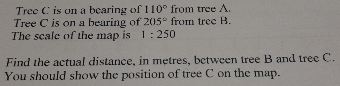 Tree C is on a bearing of 110° from tree A. 
Tree C is on a bearing of 205° from tree B. 
The scale of the map is 1:250
Find the actual distance, in metres, between tree B and tree C. 
You should show the position of tree C on the map.