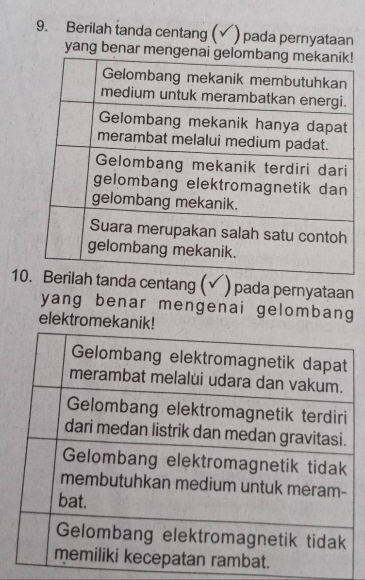 Berilah tanda centang (√ ) pada pernyataan 
yang benar menge!
10a centang (✔) pada pernyataan 
yang benar mengenai gelombang 
elektromekanik!