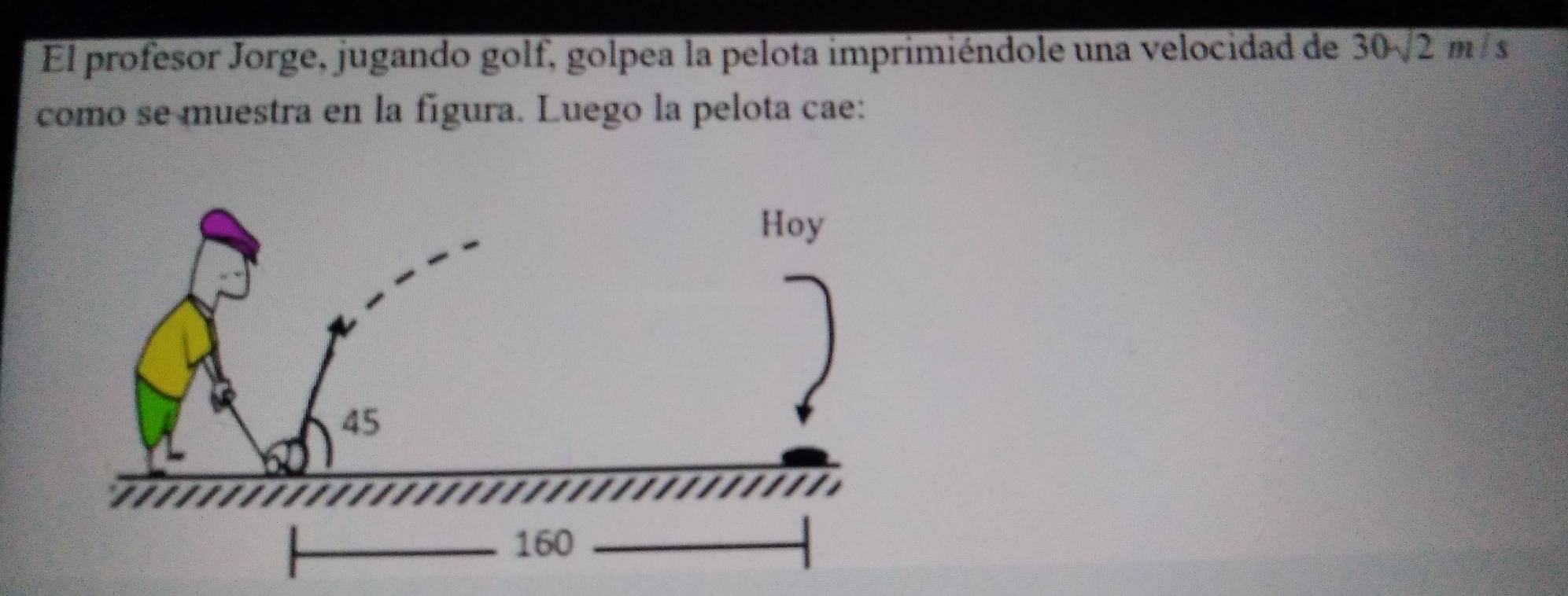 El profesor Jorge, jugando golf, golpea la pelota imprimiéndole una velocidad de 30sqrt(2)m/s
como se muestra en la fígura. Luego la pelota cae: