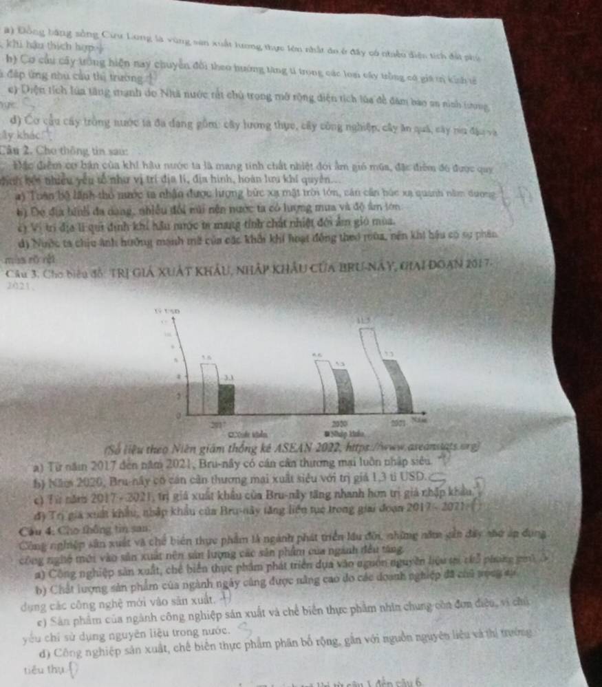#) Đồng bằng sông Cưu Long là vùng sản xuất lương thực lên nhất do ở đây có nhiều diện tích đất phủ
khi hậu thích hợp
h) Cơ cầu cây trởng hiện nay chuyên đổi theo hướng tăng ti trong các loại cây trồng có gia trị kính tế
* đấp ứng nhu cầu thị trường
e) Diện tích lúa tăng tạnh do Nhã nước rất chủ trong mở rộng diện tích lúa đề đàm bao an rinh (sng.
ye.
d) Cơ cầu cây trồng nước ta đa dang gồm: cây lương thực, cây công nghiệp, cây ăn quả, cây nu đậu và
y khác.
Câu 2. Cho thông tin saú:
Đặc điểm cơ bản của khi hậu nước ta là mang tinh chất nhiệt đới ẩm gió múa, đặc điểm đ6 được quy
hình bến nhiều yêu tổ như vị trí địa li, địa hình, hoàn lưu khí quyền...
a) Toan bộ lãnh thỏ mước ta nhân được hrợng bức xạ mặt trời tớn, cán cần búc xạ quanh năm dượng
*) Đó địa bình đa dang, nhiều đổi múi nện nước ta có lượng mua và độ âm tớn
c) Vị trí địa li qui định khí hầu mộc tr mang tỉnh chất nhiệt đới ẩm gió mùa.
d) Nước ta chiu ảnh hưởng mạnh mã của các khổi khí hoạt động theo rùa, nền khi hậu có sự phân
màs rǔ rèi
Câu 3, Cho biểu đồ: TRị Giả XUÁt KhÂU, nhập khÂu CủA BRU-NAY, GIAI ĐOAN 2017.
2021 ,
(Số liệu theo Niên giám thống kê ASEAN 2022, https://www.aseanssats.org)
a) Từ năim 2017 đen năm 2021, Bru-nây có cán cần thương mại luôn nhập siêu
h) Năm 2020, Bru-nây có cán cần thương mai xuất siêu với trị giả 1,3 ti USD.
c) Từ năm 2017 - 2021, trị giá xuất khẩu của Bru-nây tăng nhanh hơn trị giả nhập khẩu
đị Trị gia xuất khẩu, nhập khẩu của Bru-nây tăng liên tụệ trong giai đoạn 2017-2021=
Cầu 4: Cho thống tin san:
Công nghiệp sân xuất và chế biển thực phẩm là ngành phát triển lầu đời, những năm gần đây nhơ áp dụng
công nghệ mới vào sản xuất nên sản lượng các sản phẩm của ngành đều tăng
a) Công nghiệp sản xuất, chế biển thực phẩm phát triển dựa vào nguồn nguyên liệu tại chổ phíkg guà
b) Chất lượng sản phẩm của ngành ngày cũng được năng cao do các doanh nghiệp đã chủ tợng sụ
dụng các công nghệ mới vào săn xuất,
e) Sản phẩm của ngành công nghiệp sản xuất và chế biển thực phẩm nhìn chung còn đơn điệu, vi chủ
yếu chỉ sử dụng nguyên liệu trong nước.
d) Công nghiệp sản xuất, chế biến thực phẩm phân bố rộng, gắn với nguồn nguyên liêu và thị trường
tiểu thụ