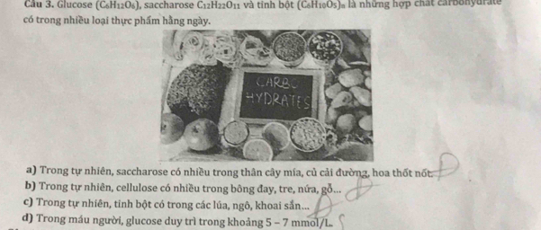 Cầu 3. Glucose (C₆H1₂O₆), saccharose C12H22O11 và tỉnh bột (C₆H1₀O₅)» là những hợp chất carbonyurate
có trong nhiều loại thực phẩm hằng ngày.
a) Trong tự nhiên, saccharose có nhiều trong thân cây mía, củ cải đường, hoa thốt nốt
b) Trong tự nhiên, cellulose có nhiều trong bông đay, tre, nứa, gỗ...
c) Trong tự nhiên, tinh bột có trong các lúa, ngô, khoai sắn...
d) Trong máu người, glucose duy trì trong khoảng 5 - 7 mmol/L.