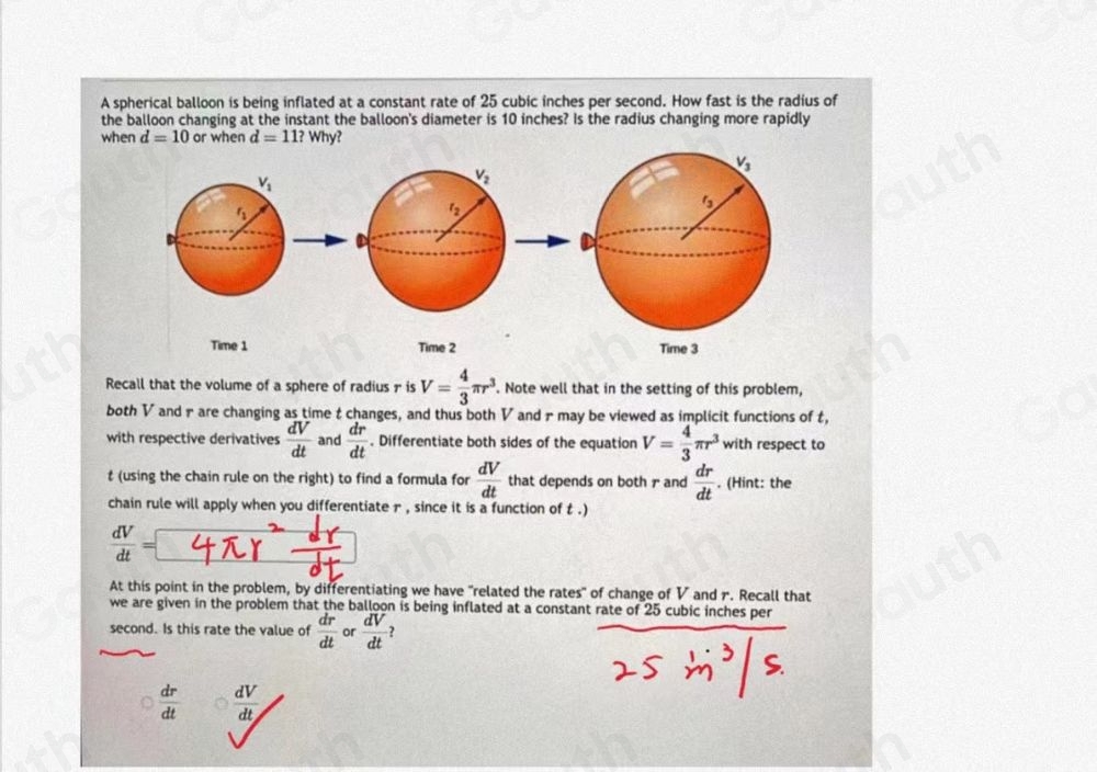 Solved: A spherical balloon is being inflated at a constant rate of 25 ...