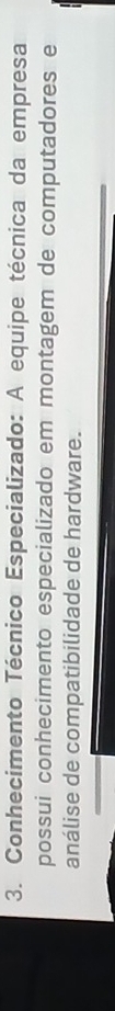 Conhecimento Técnico Especializado: A equipe técnica da empresa 
possui conhecimento especializado em montagem de computadores e 
análise de compatibilidade de hardware.