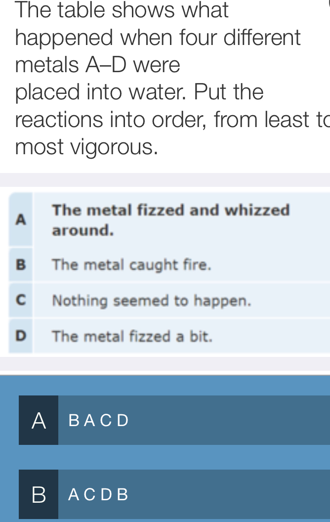 The table shows what
happened when four different
metals A-D were
placed into water. Put the
reactions into order, from least to
most vigorous.
A The metal fizzed and whizzed
around.
B The metal caught fire.
C Nothing seemed to happen.
D The metal fizzed a bit.
A B A C D
B A C D B