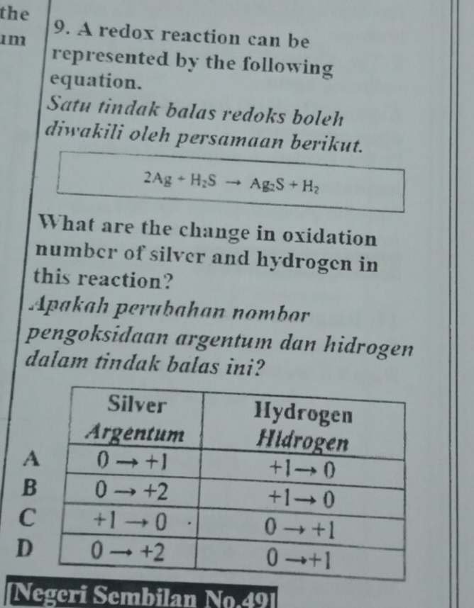 the 9. A redox reaction can be
1m
represented by the following
equation.
Satu tindak balas redoks boleh
diwakili oleh persamaan berikut.
2Ag+H_2Sto Ag_2S+H_2
What are the change in oxidation
number of silver and hydrogen in
this reaction?
Apakah perubahan nombor
pengoksidaan argentum dan hidrogen
dalam tindak balas ini?
A
B
C
D
Negeri Sembilan No.49]