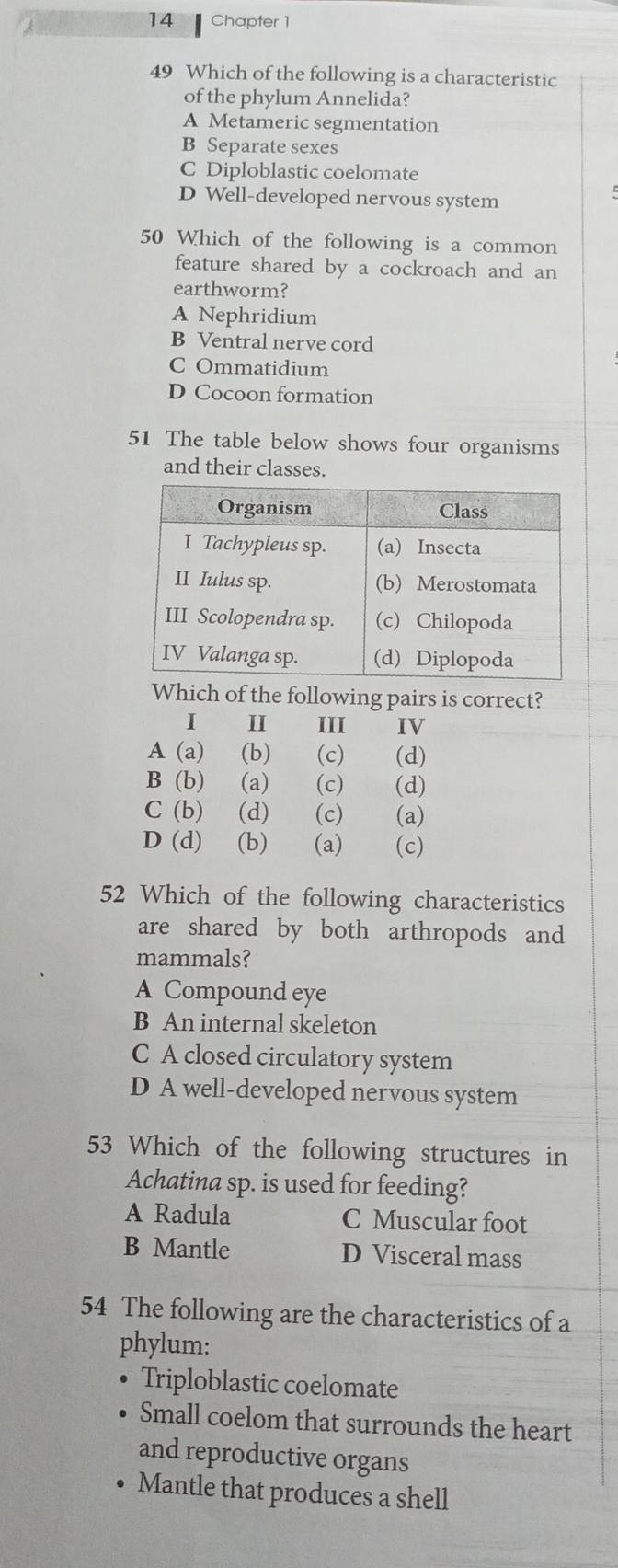 Chapter 1
49 Which of the following is a characteristic
of the phylum Annelida?
A Metameric segmentation
B Separate sexes
C Diploblastic coelomate
D Well-developed nervous system
50 Which of the following is a common
feature shared by a cockroach and an
earthworm?
A Nephridium
B Ventral nerve cord
C Ommatidium
D Cocoon formation
51 The table below shows four organisms
and their classes.
Which of the following pairs is correct?
I II III IV
A (a) (b) (c) (d)
B (b) (a) (c) (d)
C (b) (d) (c) (a)
D (d) (b) (a) (c)
52 Which of the following characteristics
are shared by both arthropods and
mammals?
A Compound eye
B An internal skeleton
C A closed circulatory system
D A well-developed nervous system
53 Which of the following structures in
Achatina sp. is used for feeding?
A Radula C Muscular foot
B Mantle D Visceral mass
54 The following are the characteristics of a
phylum:
Triploblastic coelomate
Small coelom that surrounds the heart
and reproductive organs
Mantle that produces a shell