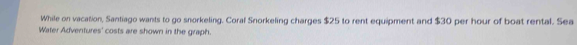 While on vacation, Santiago wants to go snorkeling. Coral Snorkeling charges $25 to rent equipment and $30 per hour of boat rental. Sea 
Water Adventures' costs are shown in the graph.