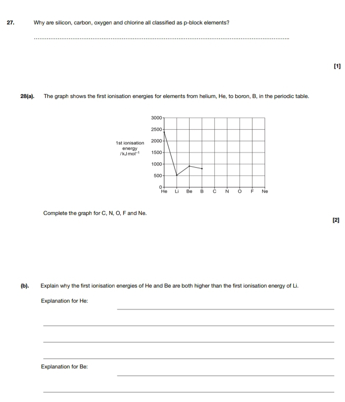 Why are silicon, carbon, oxygen and chlorine all classified as p -block elements? 
_ 
[1] 
28(a). The graph shows the first ionisation energies for elements from helium, He, to boron, B, in the periodic table. 
1st ionisatio 
energy 
/ kJ mol-1 
Complete the graph for C, N, O, F and Ne. 
[2] 
(b). Explain why the first ionisation energies of He and Be are both higher than the first ionisation energy of Li. 
_ 
Explanation for He: 
_ 
_ 
_ 
Explanation for Be: 
_ 
_