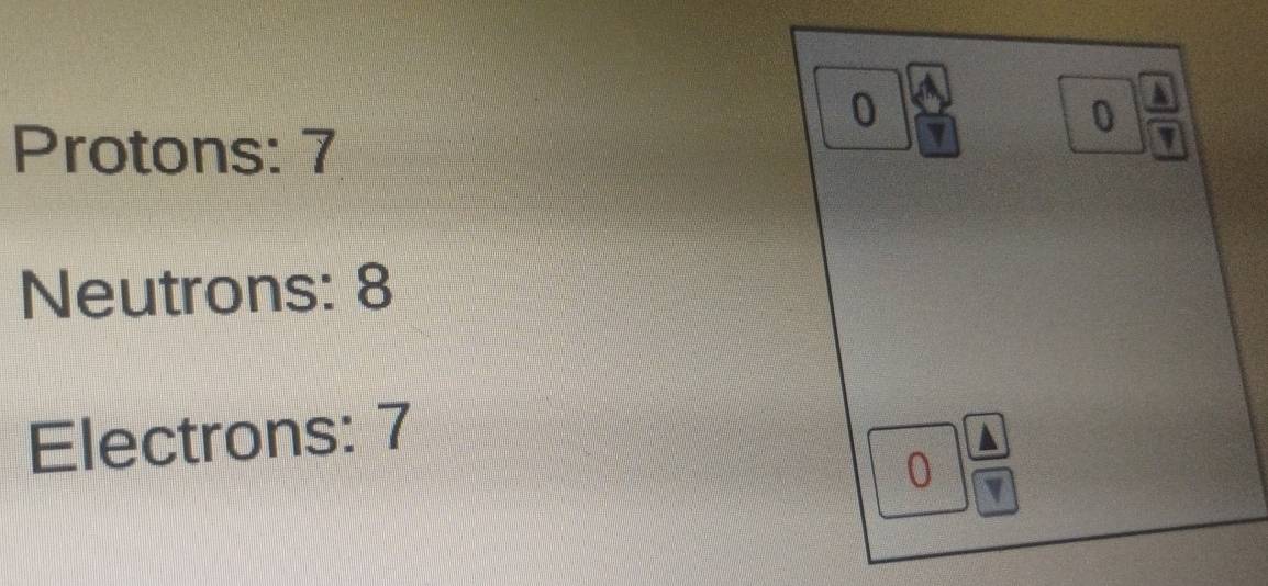 Protons: 7
0 4/7 
Neutrons: 8
Electrons: 7
0 v