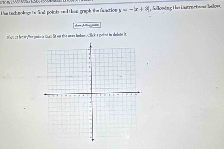 47618/25883633/a1c5b67b56dc4ccac1. 
Use technology to find points and then graph the function y=-|x+3| , following the instructions below. 
dome plotting points 
Plot at least five points that fit on the axes below. Click a point to delete it.