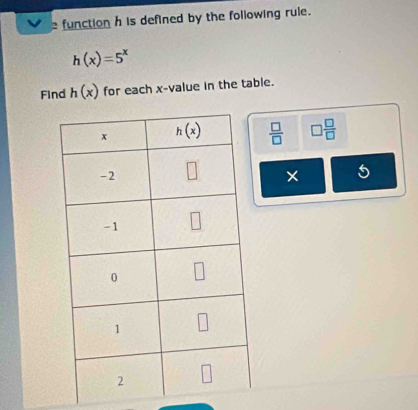 function h is defined by the following rule.
h(x)=5^x
Find h(x) for each x-value in the table.
 □ /□   □  □ /□  
5