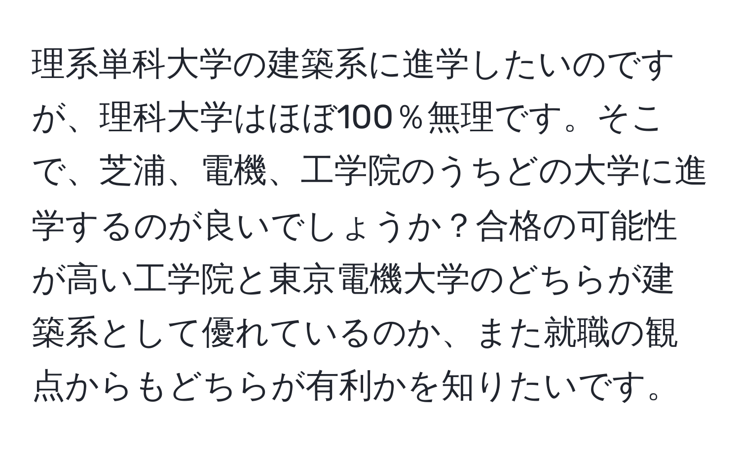 理系単科大学の建築系に進学したいのですが、理科大学はほぼ100％無理です。そこで、芝浦、電機、工学院のうちどの大学に進学するのが良いでしょうか？合格の可能性が高い工学院と東京電機大学のどちらが建築系として優れているのか、また就職の観点からもどちらが有利かを知りたいです。