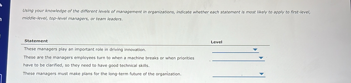 Solved: Using your knowledge of the different levels of management in ...